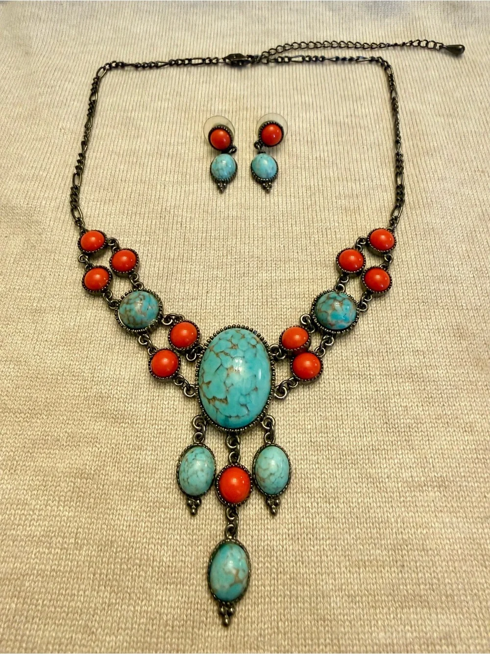 Faux Turquoise and Faux Coral Statement Necklace with Matching Earrings